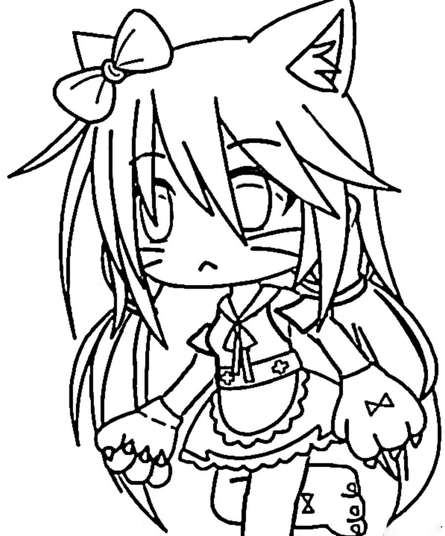 Cat girl with a thick long hair Coloring Pages