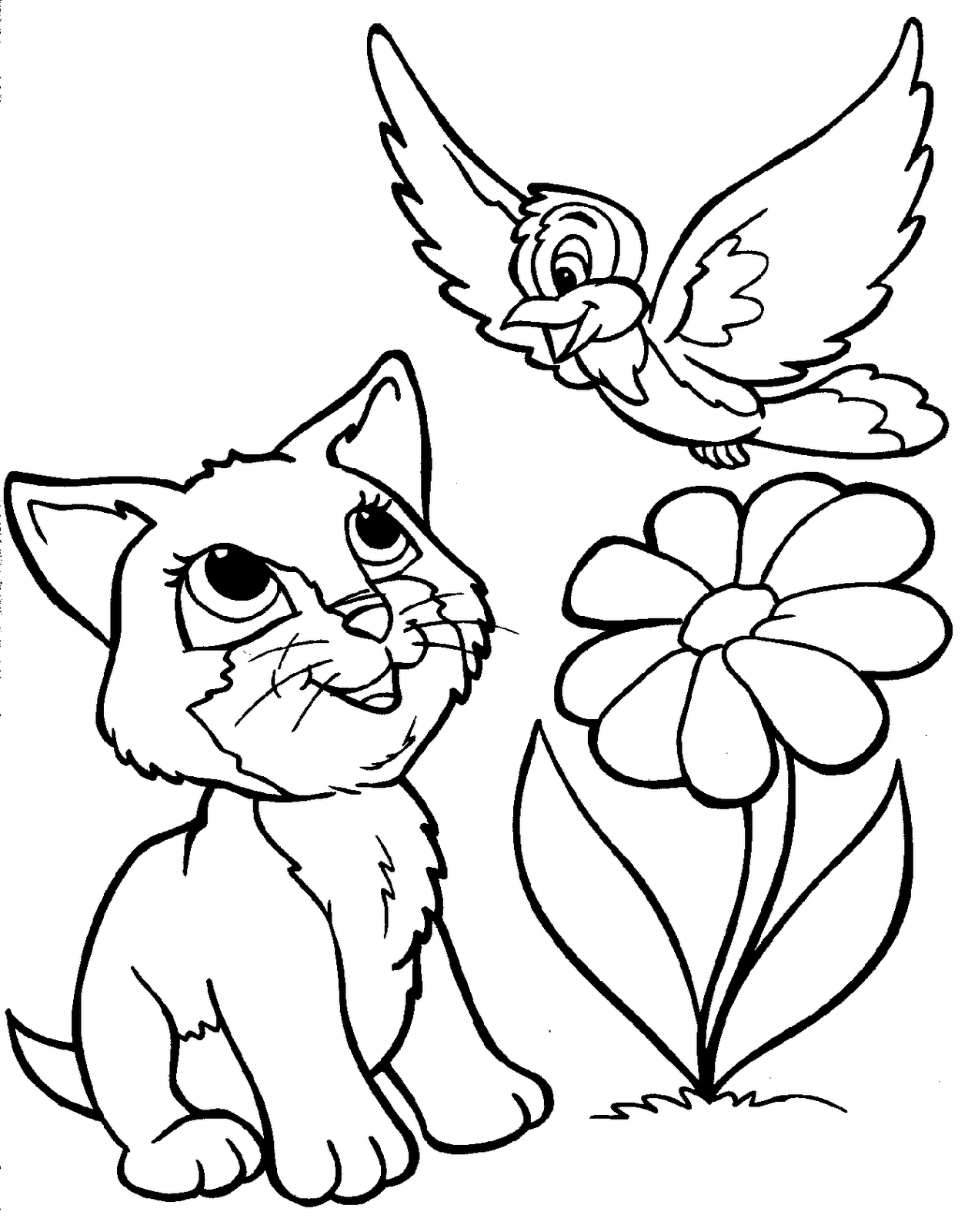 Desenho de gato brincando com um pássaro para colorir