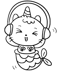 Cat Unicorn Mermaid With Headphone Coloring Pages