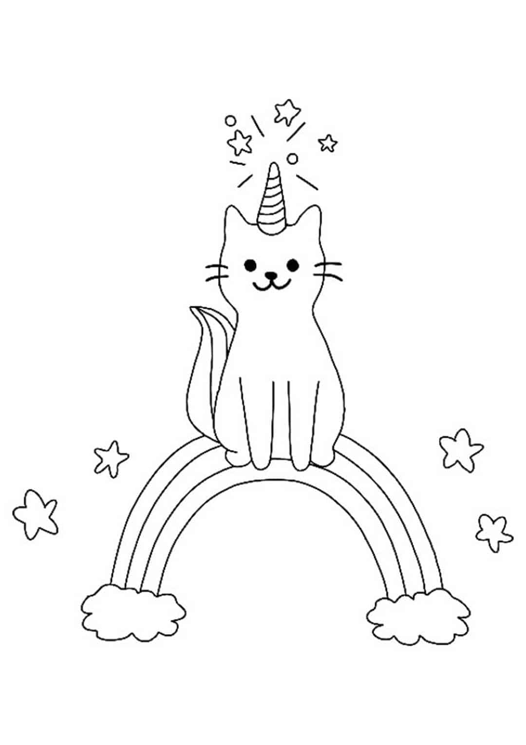 Cat Unicorn sits on the rainbow Coloring Pages