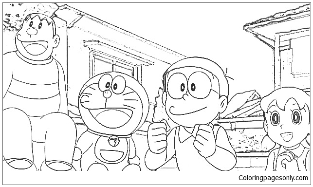 Vrolijke Doraemon met zijn vrienden 1 Kleurplaat