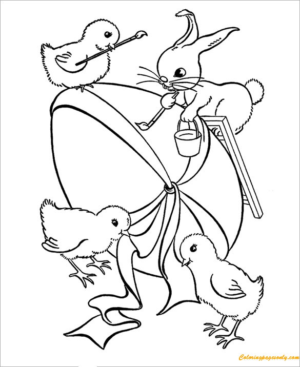 Chicks And Bunny Painting Easter Eggs Coloring Page