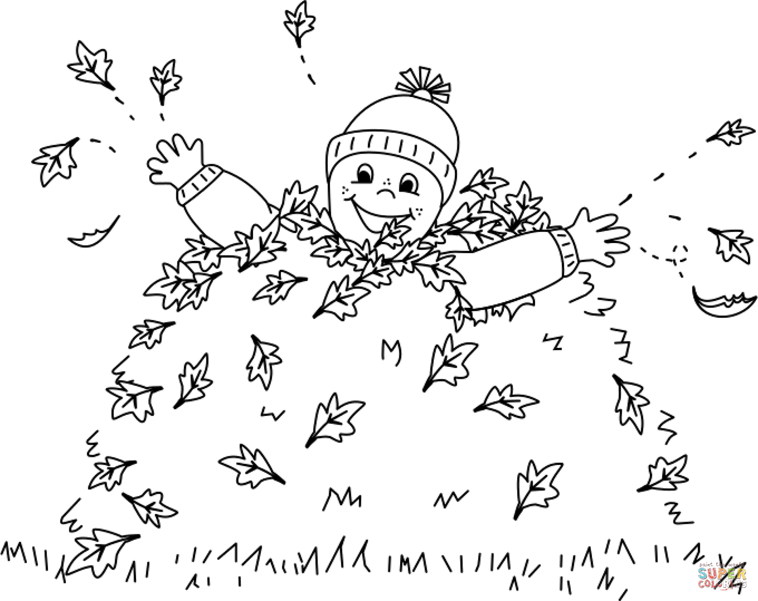 Child Playing in Leaves Coloring Pages