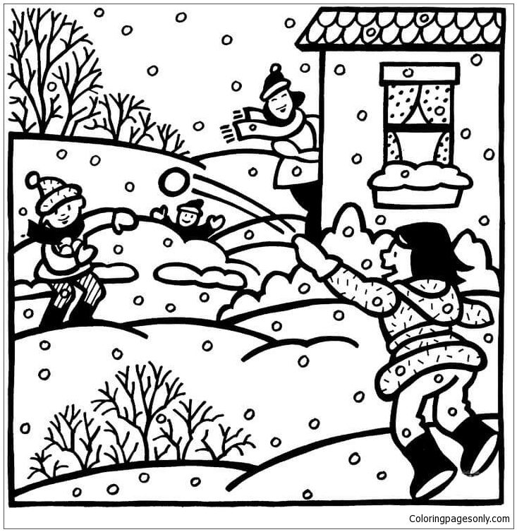Kinderen en sneeuwbal in de winter Kleurplaat