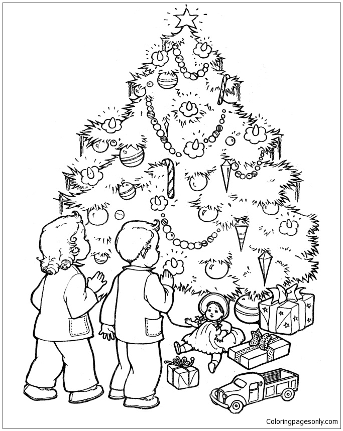 Children Christmas Gifts And Christmas Tree Christmas Coloring Pages