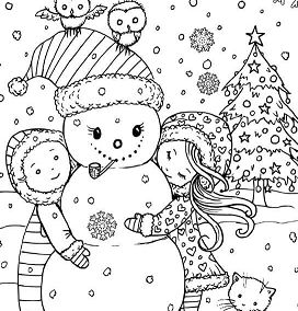 Children With Snowman During Christmas Coloring Pages
