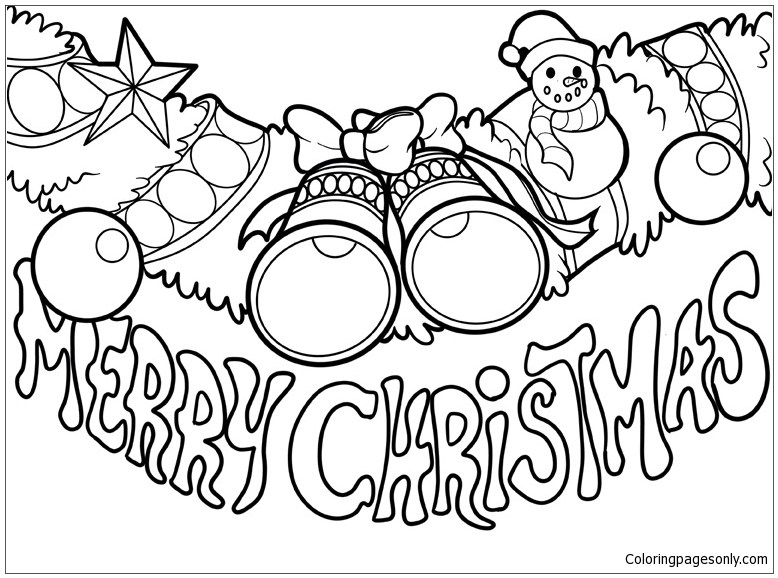 Christmas decoration and the text Merry Christmas Coloring Pages