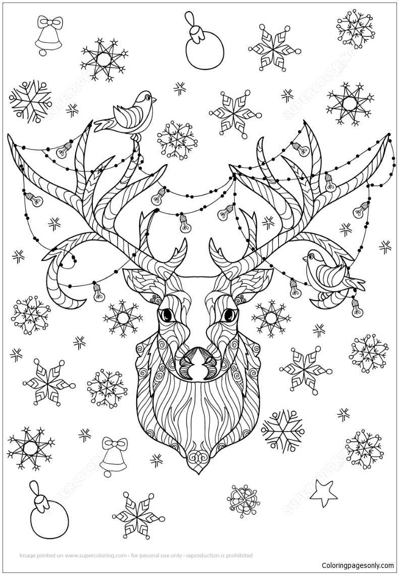 Christmas Deer With Light Bulbs Garland Zentangle Coloring Pages