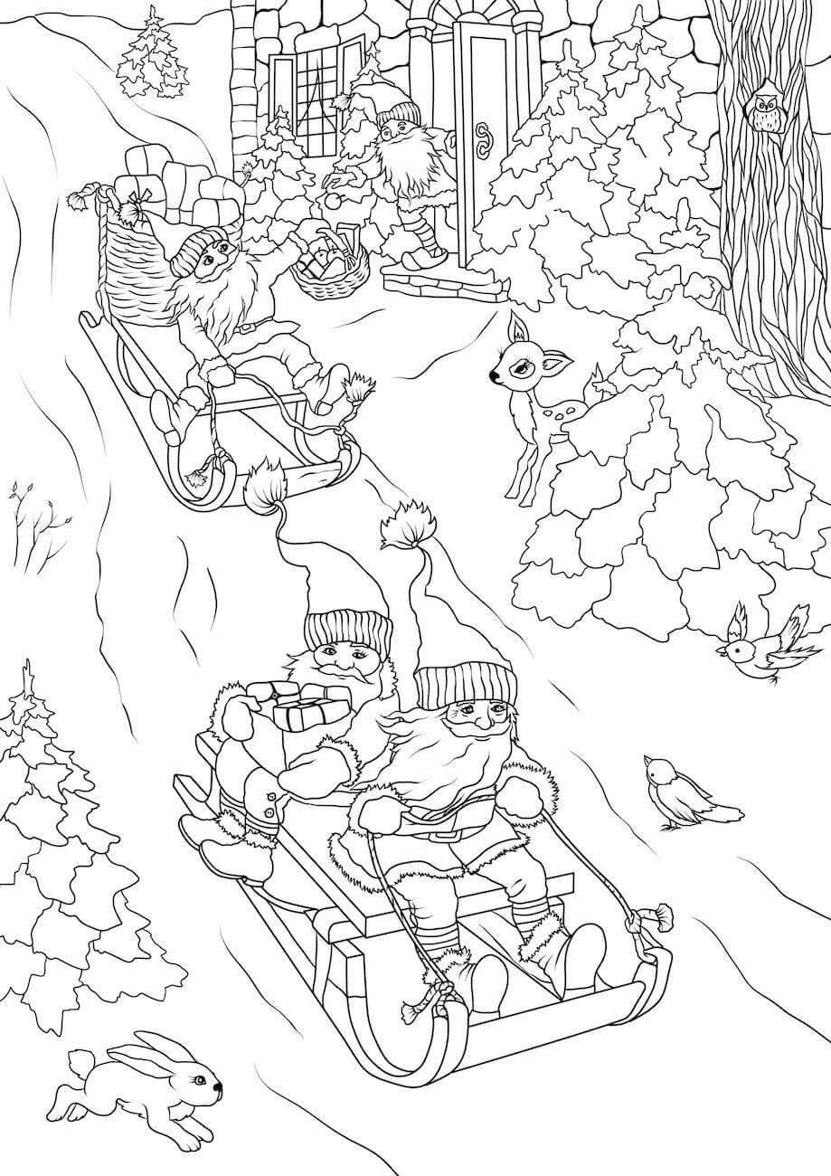 Christmas Gnomes Delivering Gifts on Sleds Coloring Pages