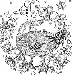 Christmas Goose with Apples Zentangle Coloring Pages