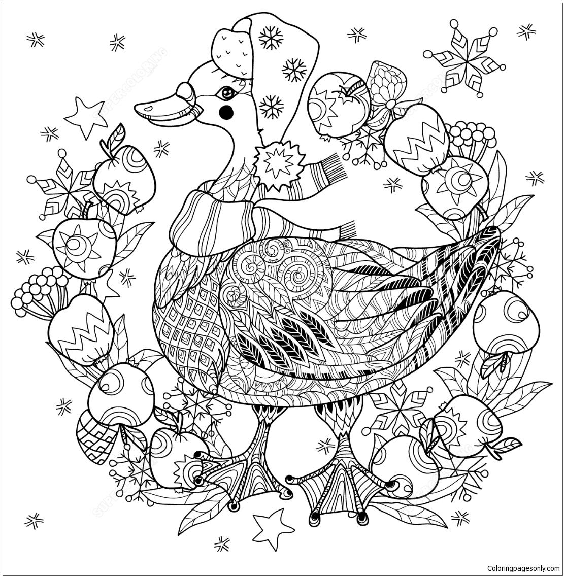 Christmas Goose With Apples Zentangle Coloring Pages