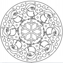 Christmas Mandala with Birds and Snowflake Coloring Page