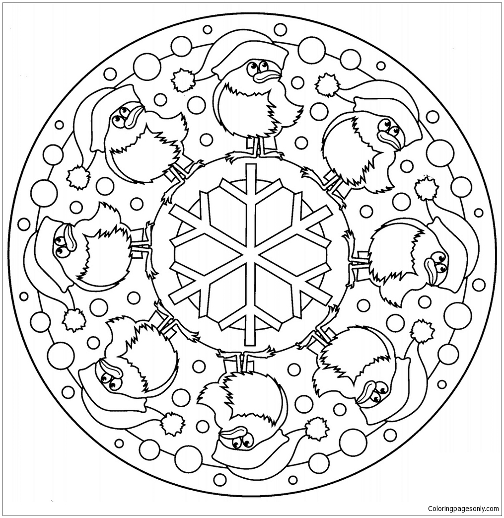 Mandala de Noël avec des oiseaux et un flocon de neige de Christmas Mandala