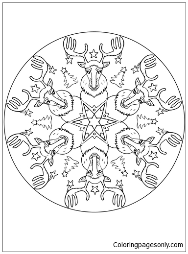 Christmas Mandala With Reindeers Coloring Page