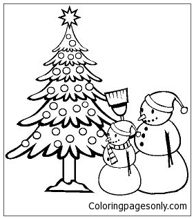 Christmas tree and snow man Coloring Pages