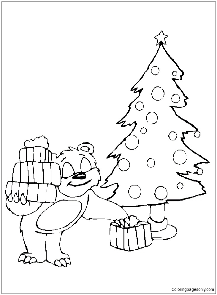 Weihnachtsbaum mit Geschenken – Bär öffnet sein Geschenk von Weihnachten 2023