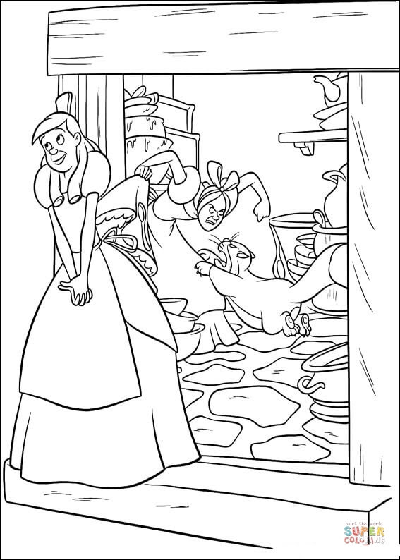 Cendrillon se tient devant sa maison à partir de la page de coloriage de Cendrillon