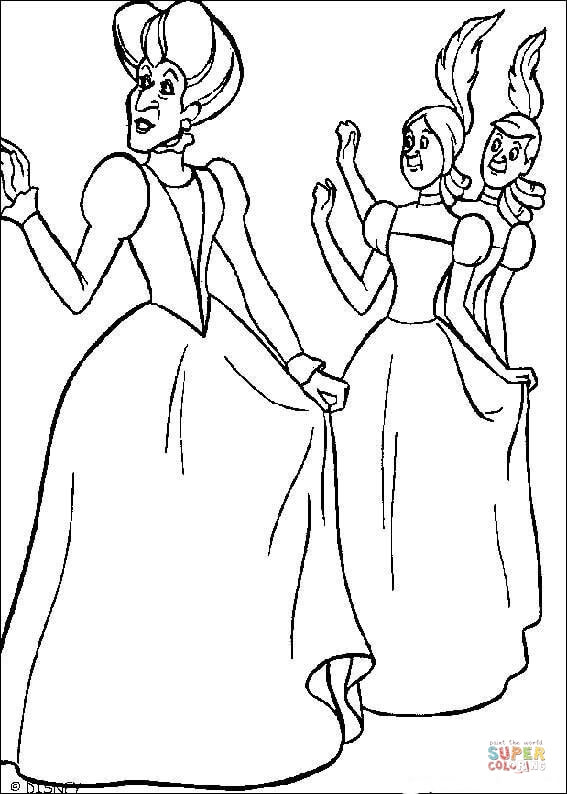 La matrigna e le sorelle di Cenerentola dalla pagina da colorare di Cenerentola