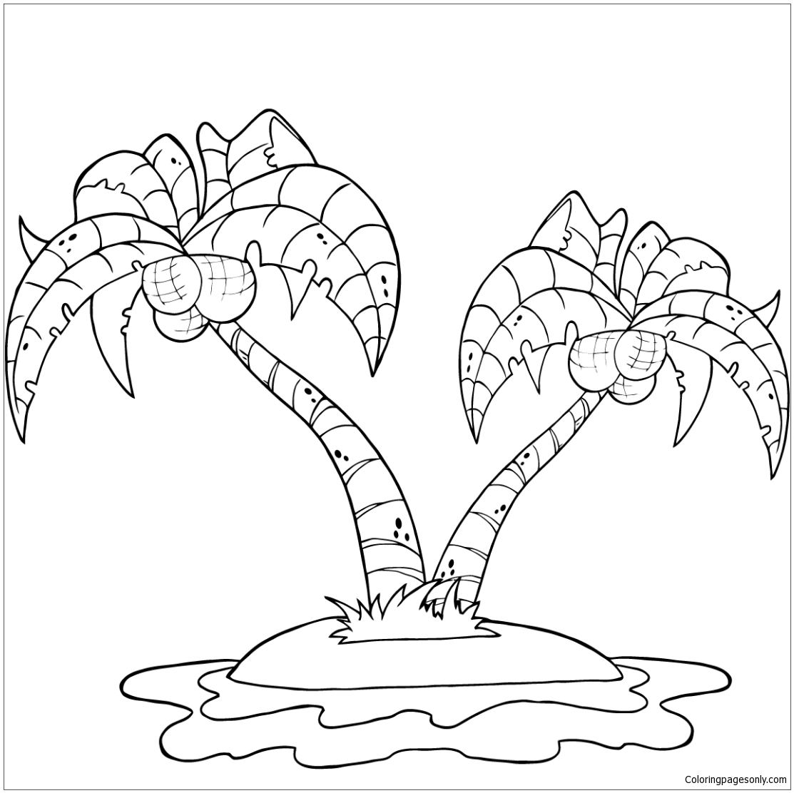 Coconut Palm Trees On Island Coloring Pages