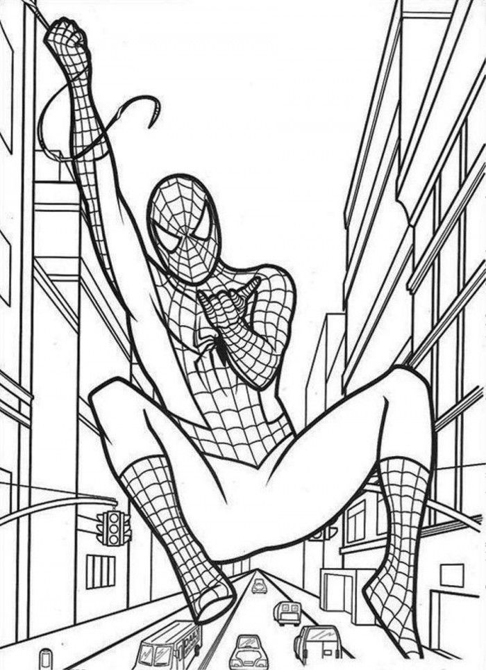 Spider man shoots web spider on buildings Coloring Pages