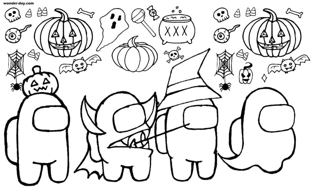 Among Us Halloween Characters Coloring Page