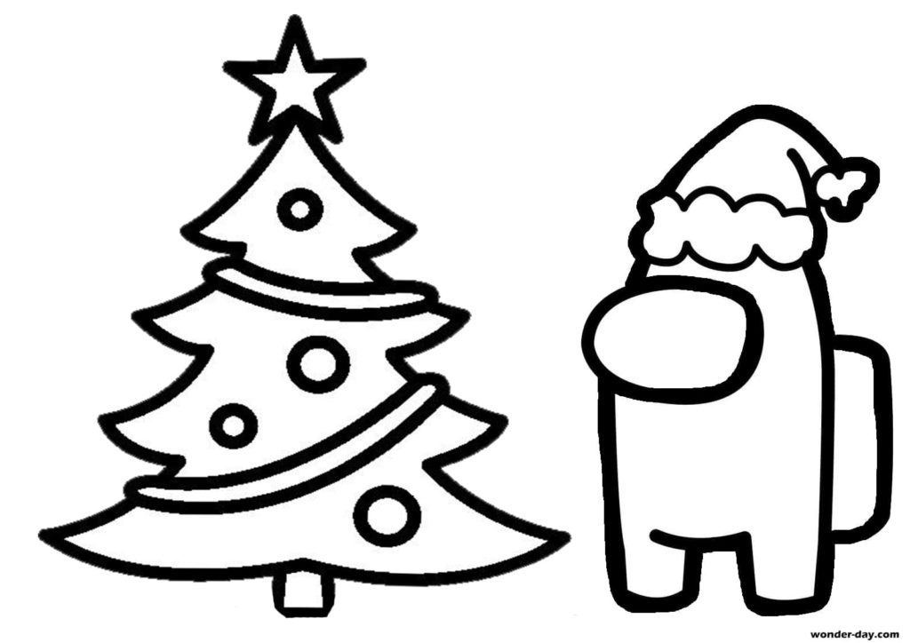 Astronaut from Among Us near the holiday tree Coloring Pages
