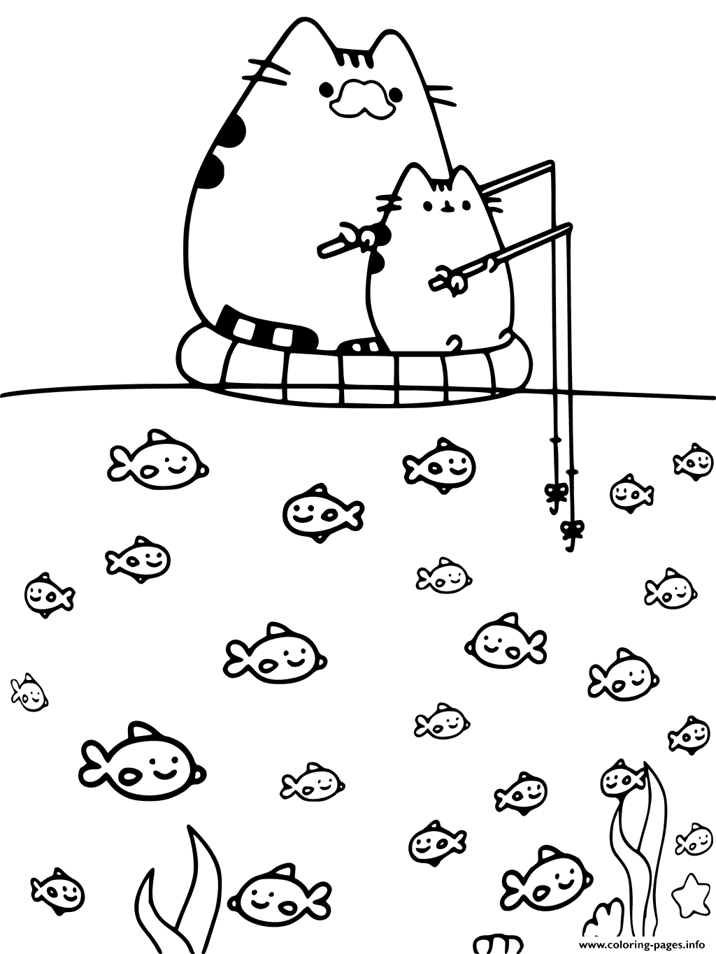 Pusheen Fishing With Dad Printable Coloring Page