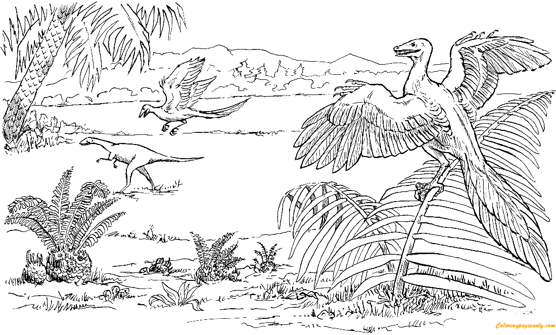 Desenho para colorir de Compsognathus e Archaeopteryx