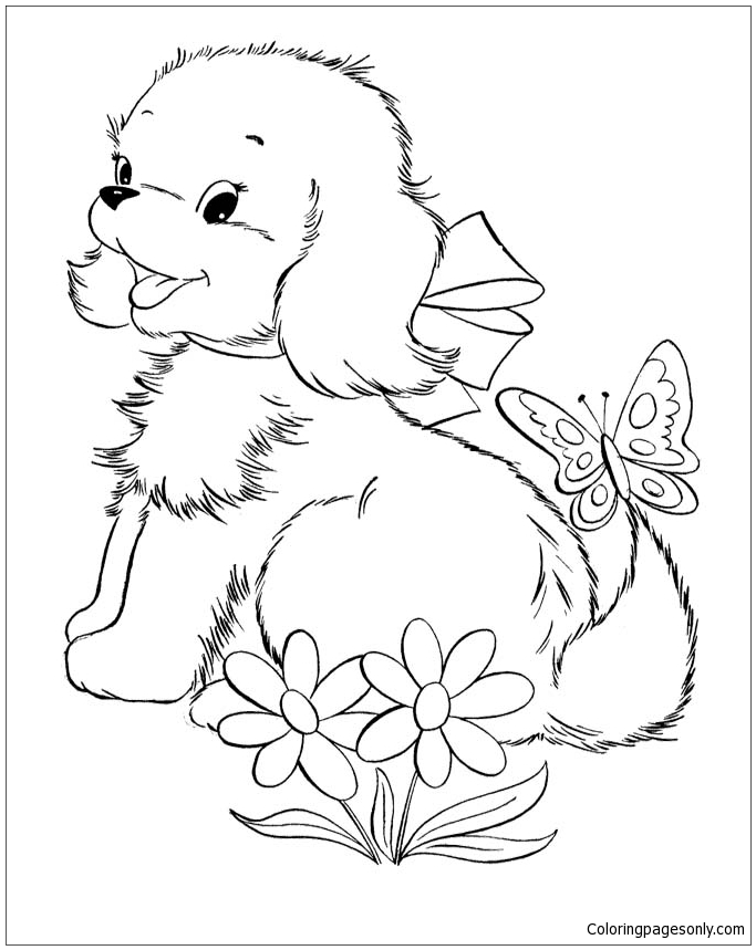 Cute Baby Puppies And Butterfly Coloring Pages
