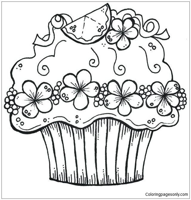 Página para colorir de cupcake fofo de aniversário