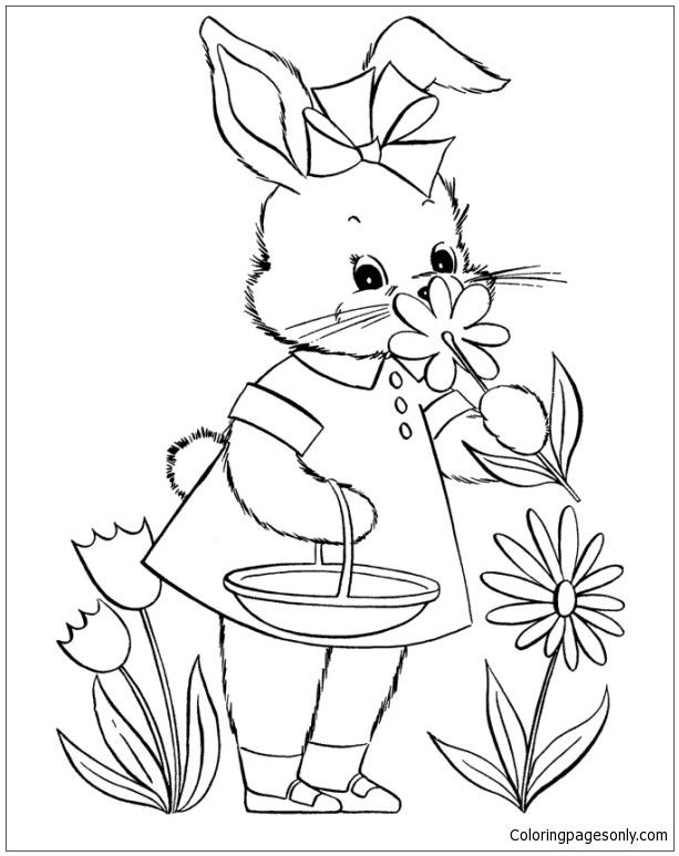 Милый кролик собирает цветок у кролика