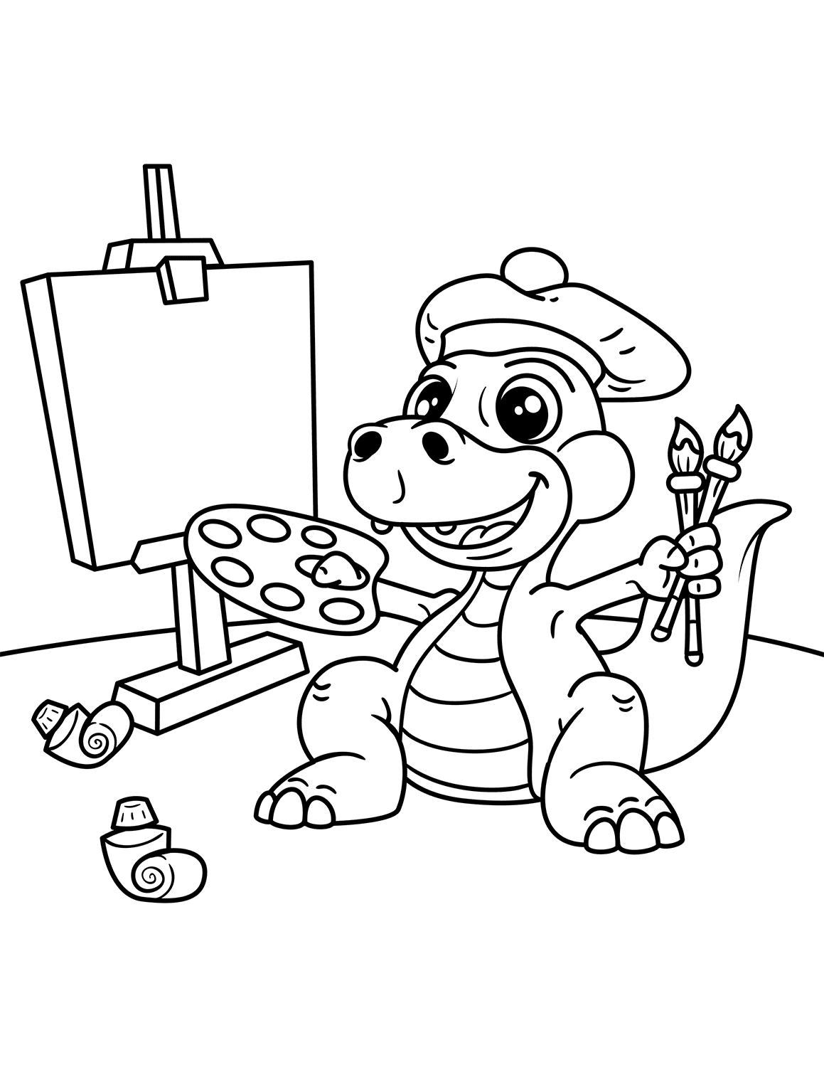 Cute Dinosaur artist with easel brush and pallete of colors Coloring Page