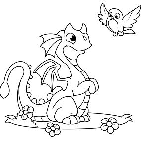 Cute Dragon and Bird Coloring Page