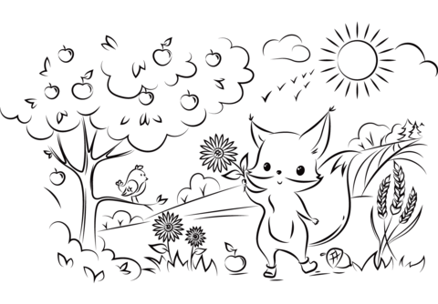 Cute Fox with Flower Coloring Pages
