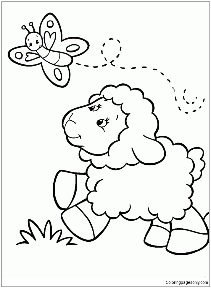Милая овца, гоняющаяся за бабочкой из мультфильма "Смешно"