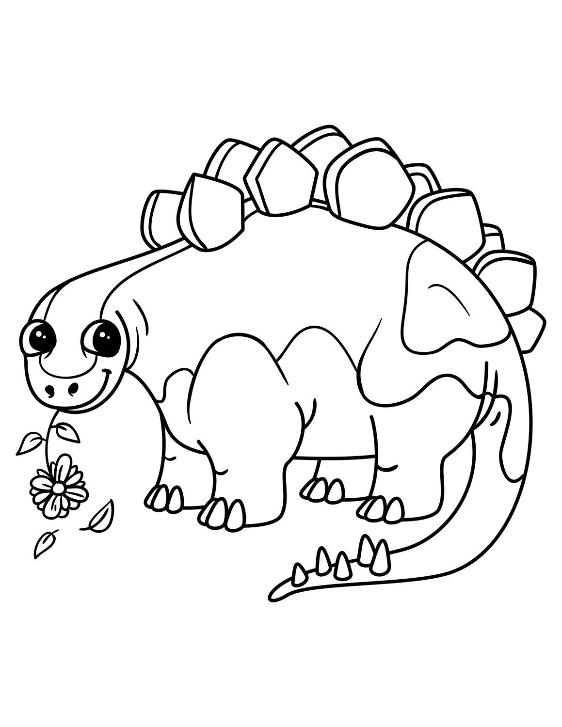 Cute Stegosaurus is held the flower by mouth Coloring Page