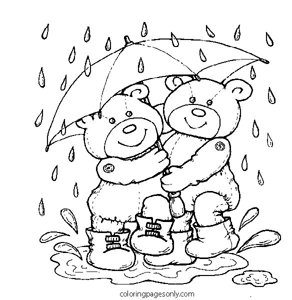 Cute Teddy Bear under the umbrella in the rain Coloring Pages Coloring Page