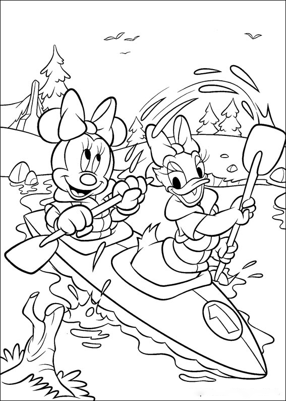 Daisy and Minnie are rowing boat Coloring Page