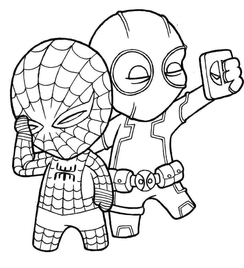 Kleurplaat Deadpool en Spider-Man
