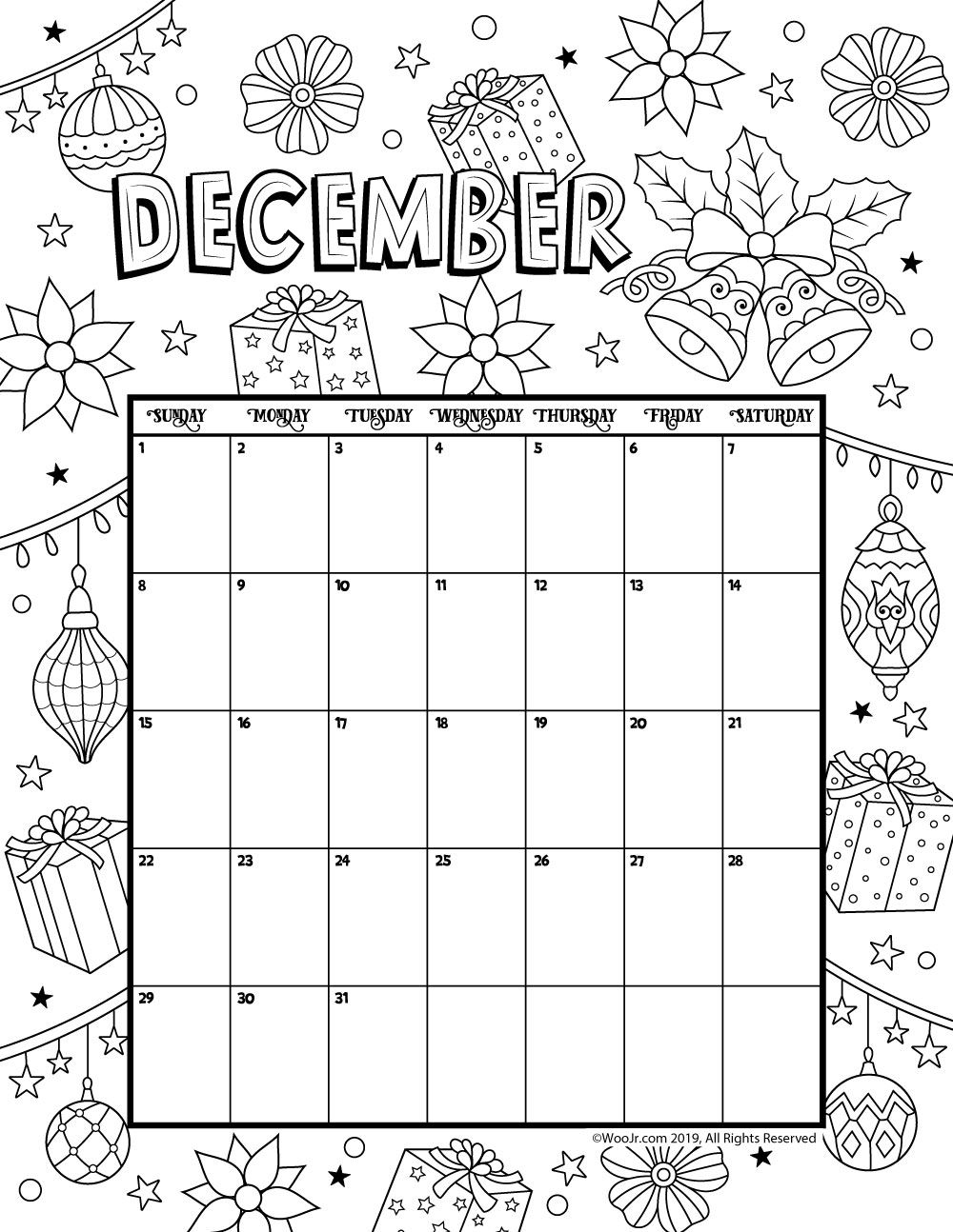 December Calendar 2021 Coloring Pages