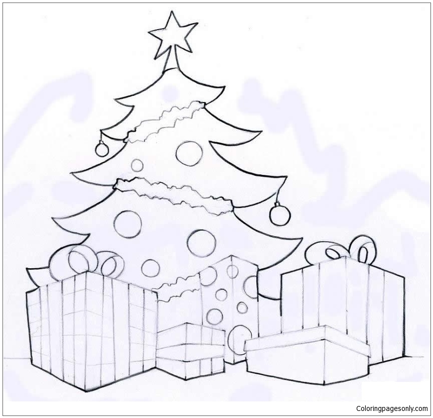 Decorated Tree And Gifts Coloring Pages