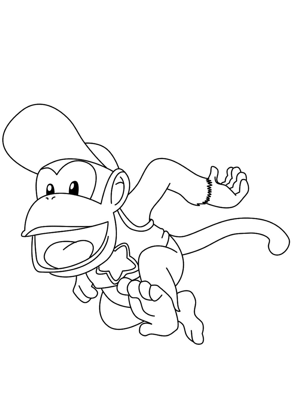 Diddy Kong draagt ​​een pet en rent weg van Diddy Kong