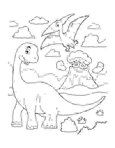 Dinosaur cartoon Brachiosaurus with flying dinosaur volcano Coloring Page