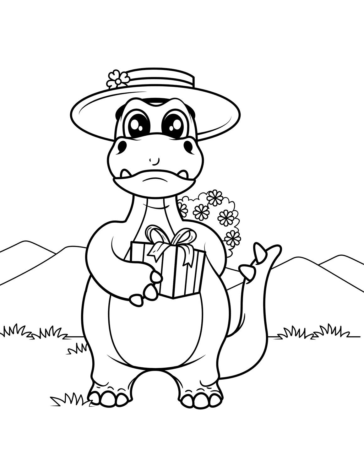 Dinosaur with gift box Coloring Page