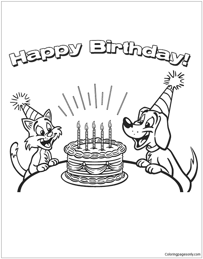 Dog And Cat Happy Birthday Coloring Pages