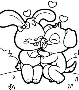 كلب وأرنب في صفحة تلوين الحب