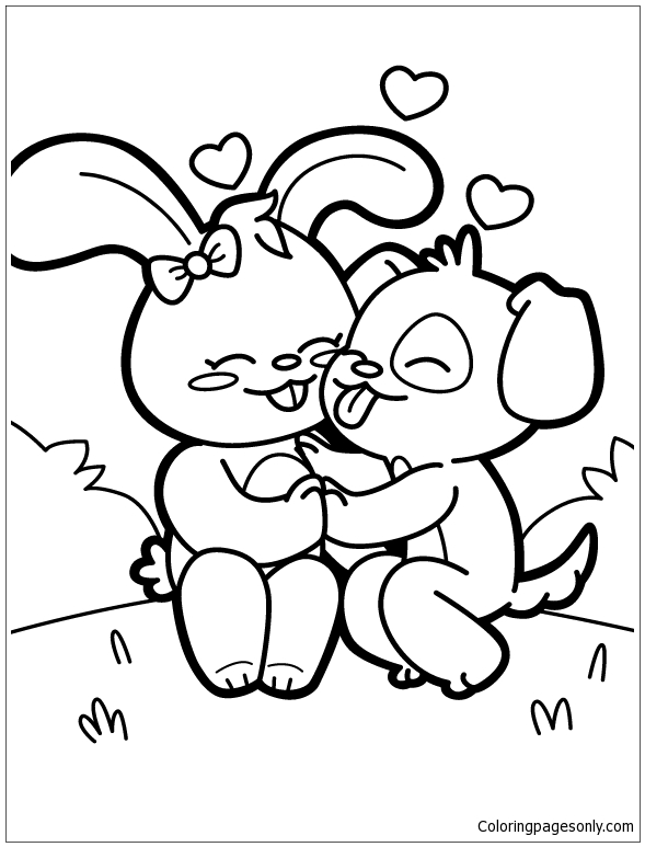 Dog And Rabbit In Love Coloring Pages