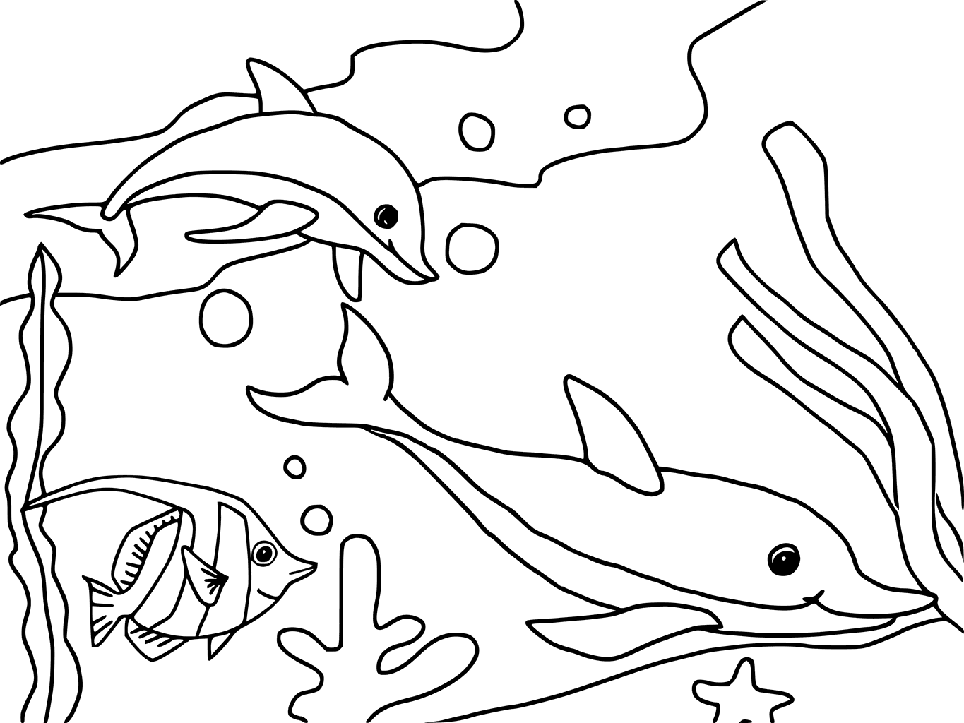 I delfini nuotano sotto la pagina da colorare del mare