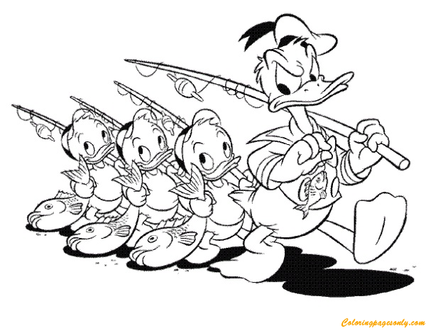 Donald And Kids Fishing Coloring Page
