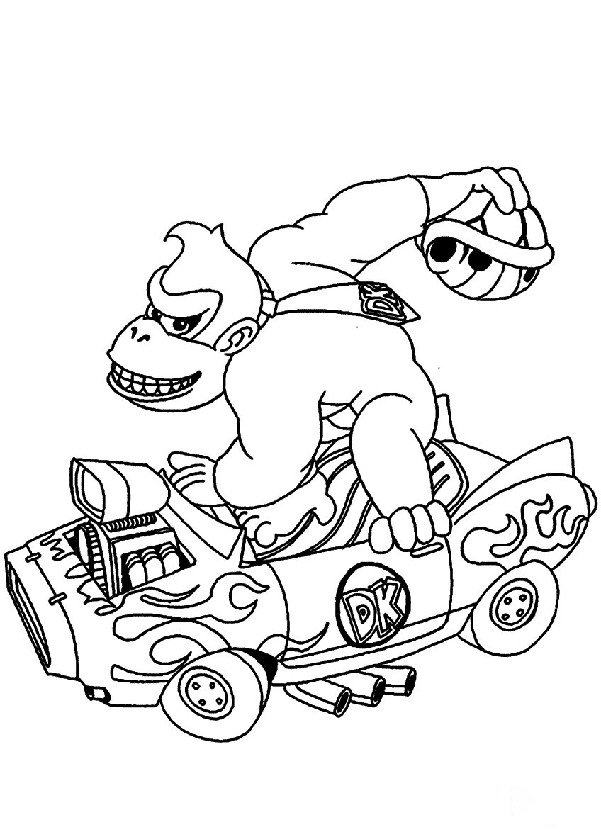 Donkey Kong drives a racing car Coloring Page
